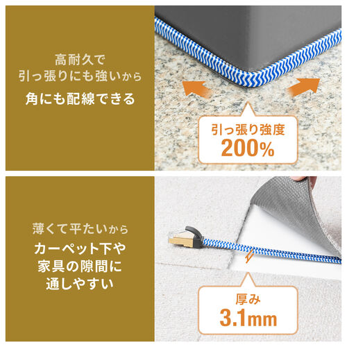 フラットCAT7 LANケーブル（カテゴリ7・フラットタイプ・メッシュ外皮・ 伝送速度10Gbps・伝送帯域600MHz・ツメ折れ防止カバー・2m）