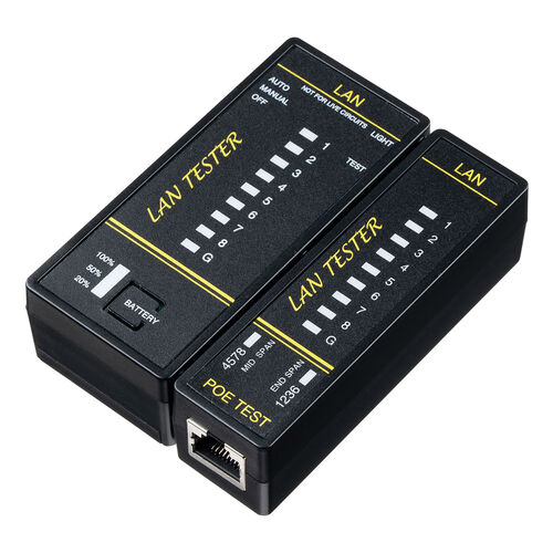 LANテスター（PoEチェッカー機能・RJ-45・RJ-11・親機/子機脱着可・マグネット取付け・LED表示・LEDライト内蔵・9V乾電池・電池残量LED）