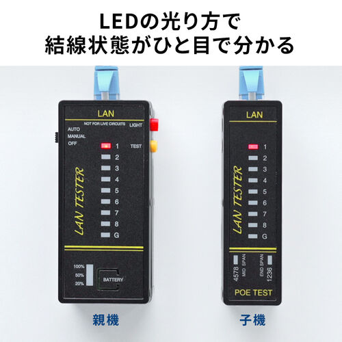 LANテスター（PoEチェッカー機能・RJ-45・RJ-11・親機/子機脱着可・マグネット取付け・LED表示・LEDライト内蔵・9V乾電池・電池残量LED）