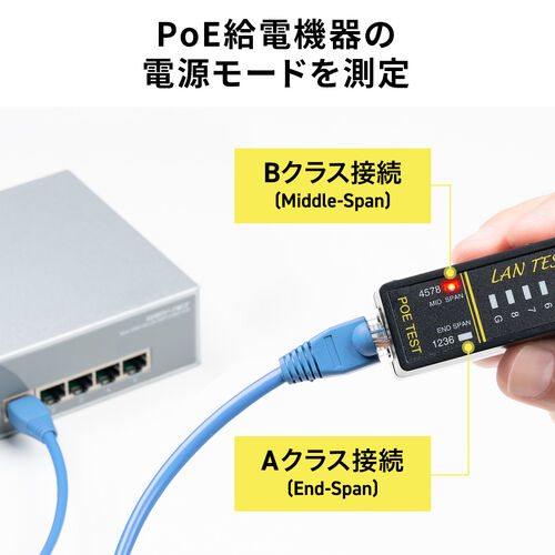 LANテスター（PoEチェッカー機能・RJ-45・RJ-11・親機/子機脱着可・マグネット取付け・LED表示・LEDライト内蔵・9V乾電池・電池残量LED）