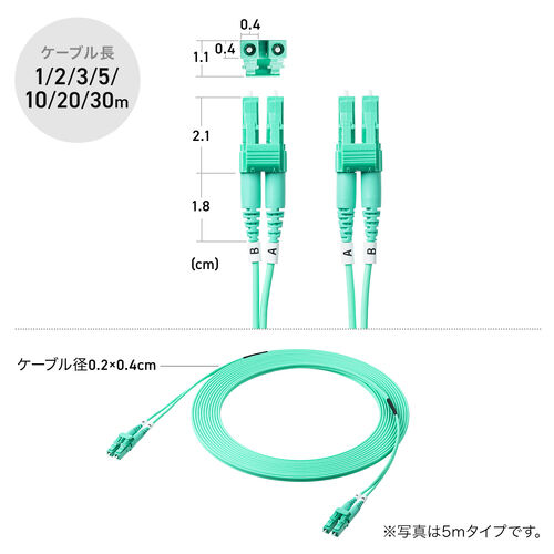 光ファイバケーブル（OM3・10GBASE-SR/SW規格・10Gbps・マルチモード・LC×2-LC×2・メガネ型・2芯・ショートブーツ・デュプレックス・50μm・3m）
