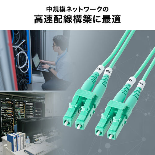 光ファイバケーブル（OM3・10GBASE-SR/SW規格・10Gbps・マルチモード・LC×2-LC×2・メガネ型・2芯・ショートブーツ・デュプレックス・50μm・20m）