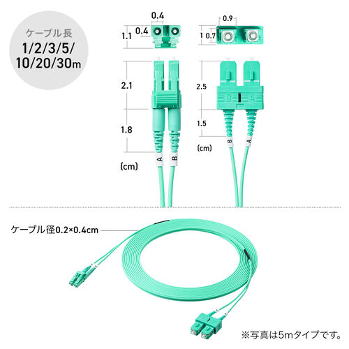 光ファイバケーブル（OM3・10GBASE-SR/SW規格・10Gbps・マルチモード・LC×2-SC×2・メガネ型・2芯・ショートブーツ・デュプレックス・50μm・30m）