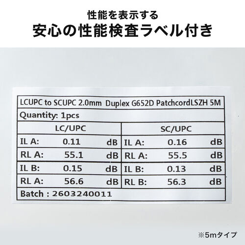 光ファイバケーブル（OS2・10GBASE-LR/ER/ZR規格・10Gbps・シングルモード・LC×2-SC×2・メガネ型・2芯・ショートブーツ・デュプレックス・SM・9μm・20m）