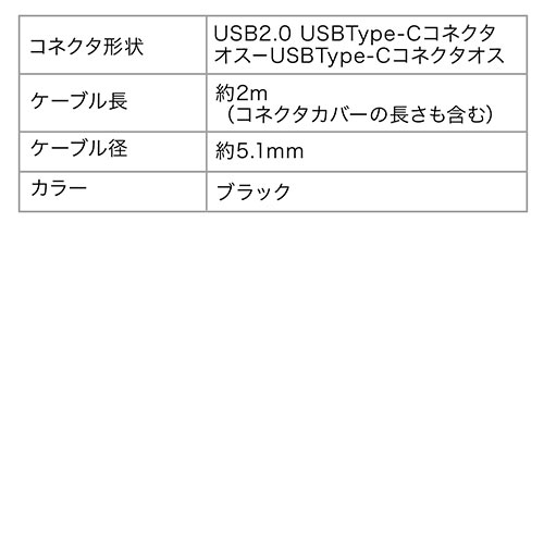 USB タイプCケーブル(USB2.0対応・Type-Cオス/Type-Cオス・USB-IF認証済み・2m・ブラック)