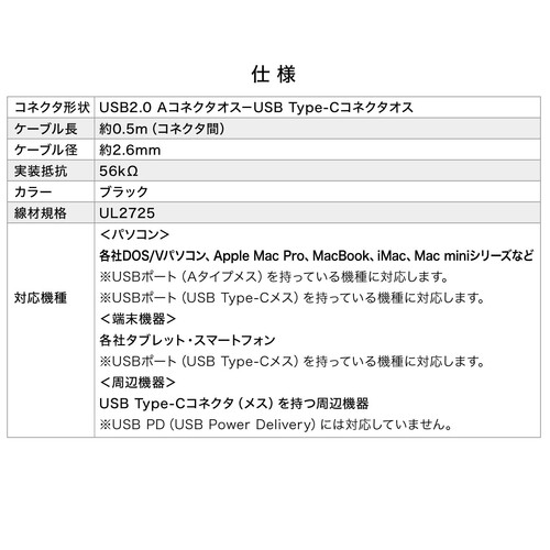 USB タイプCケーブル（USB2.0・USB Aオス/Type-Cオス・50cm・ブラック）