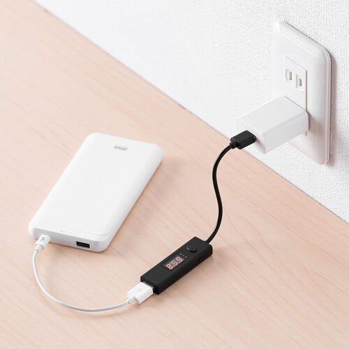 タイマー付きUSBケーブル（USB Aポートタイプ・充電・データ転送・電圧電流測定・3A対応・USB2.0・ブラック）