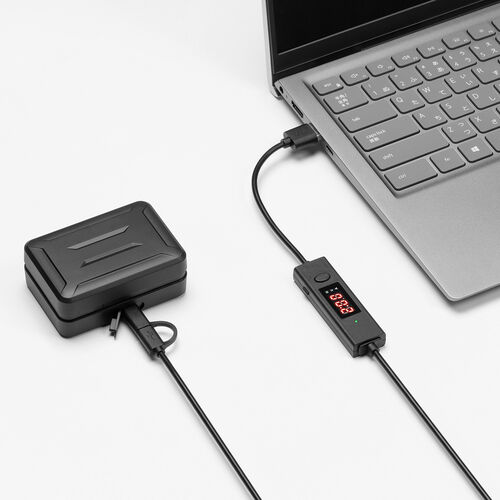 タイマー付きUSBケーブル（2in1タイプ・USB Type-C・microUSB・充電・データ転送・電圧電流測定・3A対応・USB2.0・ブラック）