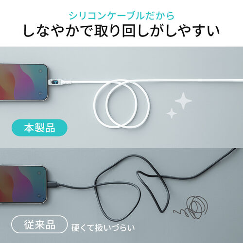 PD電力表示機能付き USB Type-Cケーブル（USB PD100W対応・e-marker搭載・1m・やわらかシリコンケーブル・USB2.0・充電・データ転送・スマホ タブレット・ホワイト）