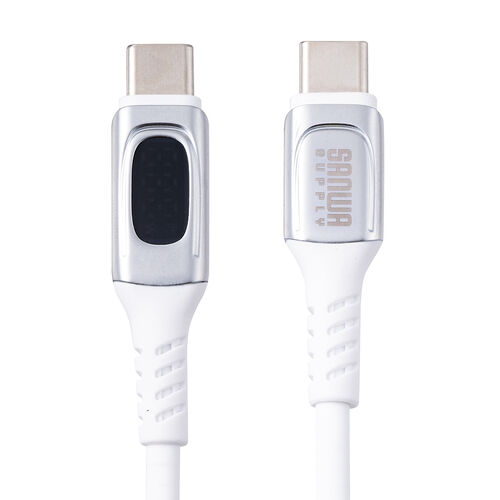 PD電力表示機能付き USB Type-Cケーブル USB PD240W対応 e-marker搭載 2m やわらかシリコンケーブル USB2.0 充電 データ転送 スマホ タブレット ホワイト