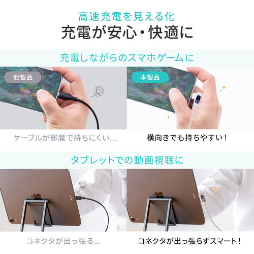 USB Type-Cケーブル（W数表示機能付き・L字コネクタ・PD240W対応・やわらかシリコンケーブル・USB2.0・iPhone16・1m・ホワイト）