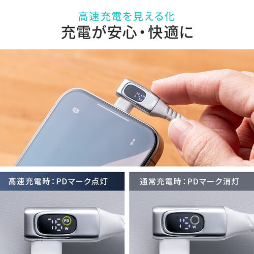 USB Type-Cケーブル（W数表示機能付き・L字コネクタ・PD240W対応・やわらかシリコンケーブル・USB2.0・iPhone16・2m・ホワイト）