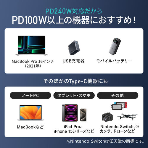 USB Type-Cケーブル（W数表示機能付き・L字コネクタ・PD240W対応・やわらかシリコンケーブル・USB2.0・iPhone16・2m・ホワイト）