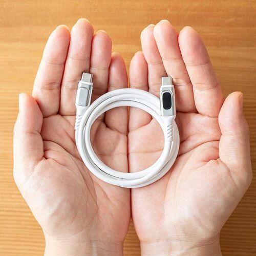 PD電力表示機能付き USB Type-Cケーブル（USB PD240W対応・e-marker搭載・1m・やわらかシリコンケーブル・USB2.0・充電・データ転送・スマホ・タブレット・ホワイト）