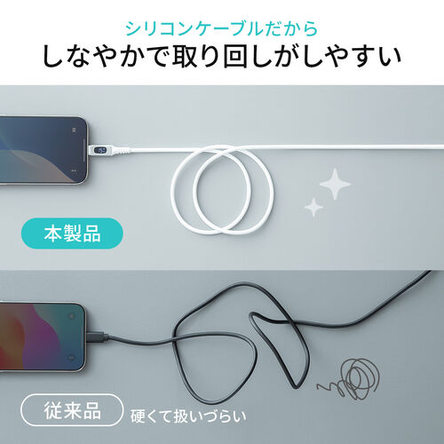 PD電力表示機能付き USB Type-Cケーブル（USB PD240W対応・e-marker搭載・1m・やわらかシリコンケーブル・USB2.0・充電・データ転送・スマホ・タブレット・ホワイト）