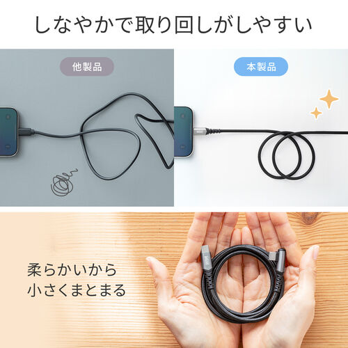 USB Type-Cケーブル（L字・USB PD100W・シリコンメッシュ・絡まない・CtoC・タイプC・USB2.0・充電・データ転送・スマホ・タブレット・1m・ブラック）