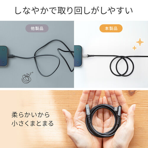 USB Type-Cケーブル（L字・USB PD240W・シリコンメッシュ・絡まない・CtoC・タイプC・USB2.0・充電・データ転送・スマホ・タブレット・1m・ ブラック）