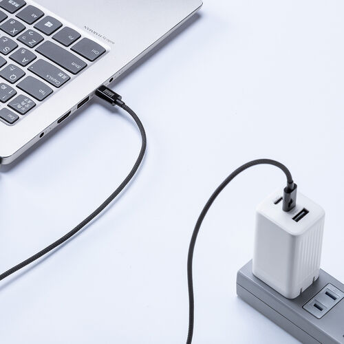 USB Type-Cケーブル（USB PD60W・1m・ケーブルバンド付き・シリコンメッシュ・絡まない・しなやか・CtoC・タイプC・USB2.0・充電・データ転送・スマホ・タブレット・ブラック）