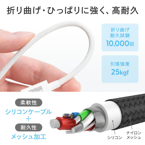 USB Type-Cケーブル（USB PD60W・1m・ケーブルバンド付き・シリコンメッシュ・絡まない・しなやか・CtoC・タイプC・USB2.0・充電・データ転送・スマホ・タブレット・ブラック）