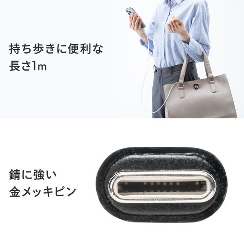 USB Type-Cケーブル（USB PD60W・1m・ケーブルバンド付き・シリコンメッシュ・絡まない・しなやか・CtoC・タイプC・USB2.0・充電・データ転送・スマホ・タブレット・ブラック）