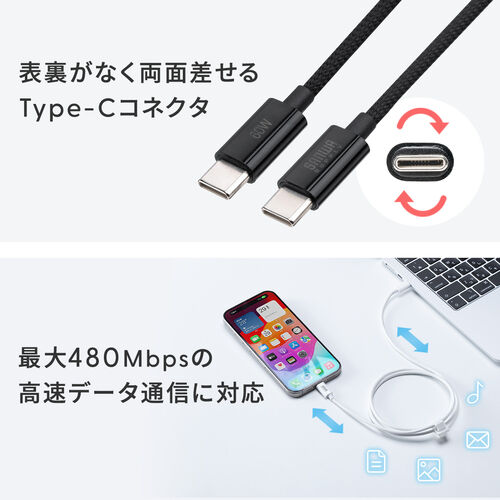 USB Type-Cケーブル（USB PD60W・1m・ケーブルバンド付き・シリコンメッシュ・絡まない・しなやか・CtoC・タイプC・USB2.0・充電・データ転送・スマホ・タブレット・ブラック）