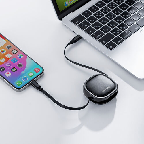 巻き取り式 USB Type-Cケーブル（両引き・CtoC・1.2m・PD60W・充電ケーブル・データ転送・持ち運び・iPad・iPhone・スマホ・タブレット・ブラック）