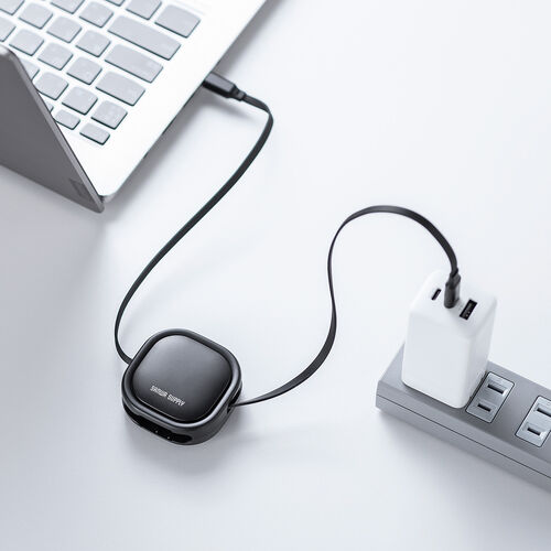 巻き取り式 USB Type-Cケーブル（両引き・CtoC・1.2m・PD60W・充電ケーブル・データ転送・持ち運び・iPad・iPhone・スマホ・タブレット・ブラック）