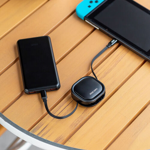 巻き取り式 USB Type-Cケーブル（両引き・CtoC・1.2m・PD60W・充電ケーブル・データ転送・持ち運び・iPad・iPhone・スマホ・タブレット・ブラック）