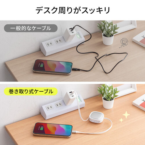 巻き取り式 USB Type-Cケーブル（両引き・CtoC・1.2m・PD60W・充電ケーブル・データ転送・持ち運び・iPad・iPhone・スマホ・タブレット・ブラック）