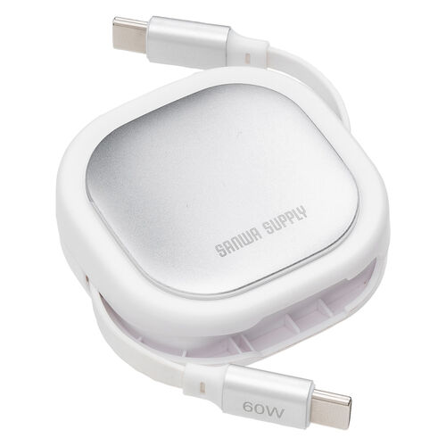 巻き取り式 USB Type-Cケーブル（両引き・CtoC・1.2m・PD60W・充電ケーブル・データ転送・持ち運び・iPad・iPhone・スマホ・タブレット・ホワイト）
