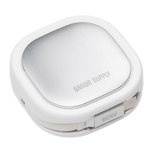 巻き取り式 USB Type-Cケーブル（両引き・CtoC・1.2m・PD60W・充電ケーブル・データ転送・持ち運び・iPad・iPhone・スマホ・タブレット・ホワイト）