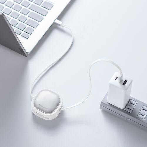 巻き取り式 USB Type-Cケーブル（両引き・CtoC・1.2m・PD60W・充電ケーブル・データ転送・持ち運び・iPad・iPhone・スマホ・タブレット・ホワイト）