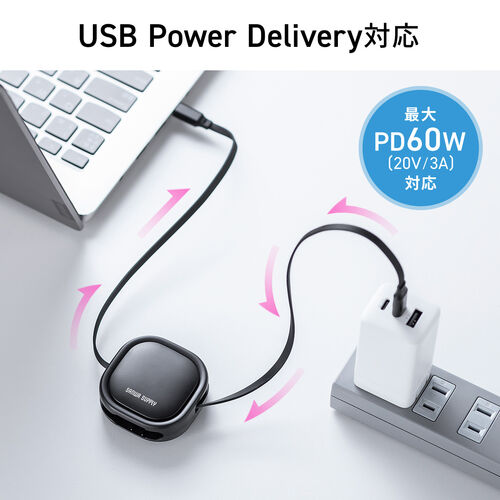 巻き取り式 USB Type-Cケーブル（両引き・CtoC・1.2m・PD60W・充電ケーブル・データ転送・持ち運び・iPad・iPhone・スマホ・タブレット・ホワイト）