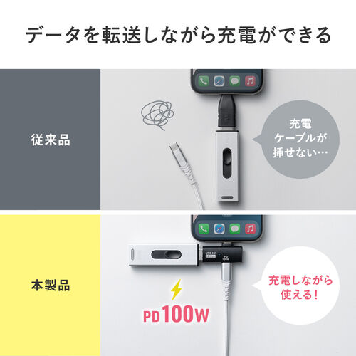 USB A to USB C 変換アダプタ（L字型・充電対応・PD100W・ USB 10Gbps・AppleProRes対応・通電LED・ブラック）