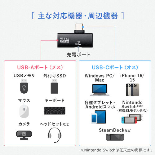 USB A to USB C 変換アダプタ（L字型・充電対応・PD100W・ USB 10Gbps・AppleProRes対応・通電LED・ブラック）