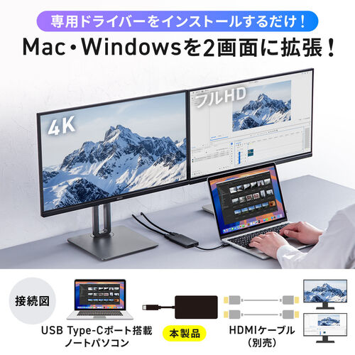 USB C - HDMI 変換アダプタ（4K×1 フルHD×1・ディスプレイアダプタ・マルチディスプレイ・2画面・拡張・HDMI2つ・Win Mac対応）