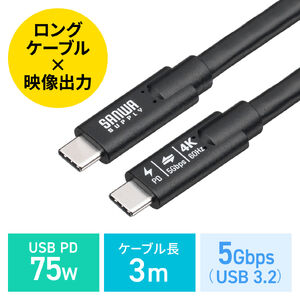 USB Type-Cケーブル（3m・Type-C映像出力対応・USB PD75W対応・4K/60Hz・Altモード・5Gbps・充電・データ転送・ブラック・電子黒板）