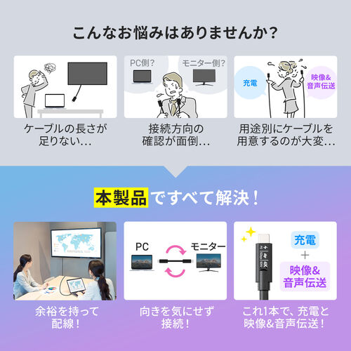 USB Type-Cケーブル（5m・Type-C映像出力対応・USB PD75W対応・4K/60Hz・Altモード・5Gbps・充電・データ転送・ブラック・電子黒板）