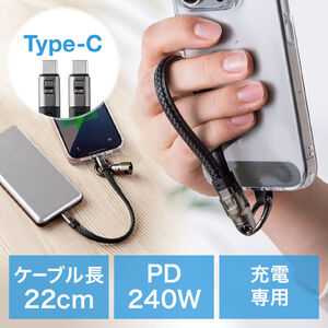 USBケーブル（USB Type-C ストラップ・急速充電・PD240W対応・ハンドストラップ・iPhone16・22cm・ブラック）