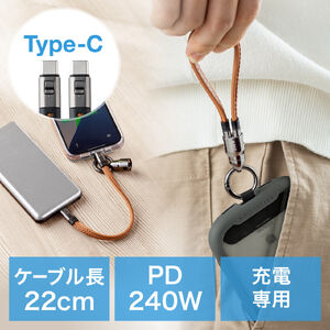 USBケーブル（USB Type-C ストラップ・急速充電・PD240W対応・ハンドストラップ・iPhone16・22cm・ブラウン）
