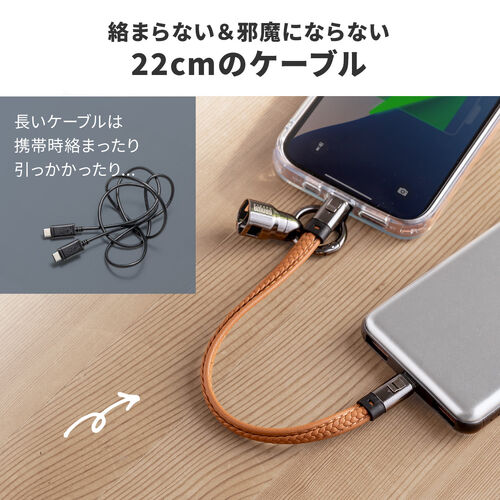 USBケーブル（USB Type-C ストラップ・急速充電・PD240W対応・ハンドストラップ・iPhone16・22cm・ブラウン）