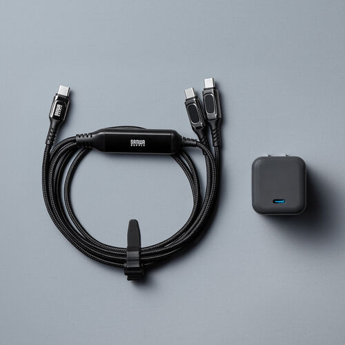 USB Type-C ケーブル（急速充電・PD100W・二股ケーブル・2-in-1・電力表示・ナイロンメッシュ・自動分配・2台同時充電・充電のみ・1.2m・ブラック）