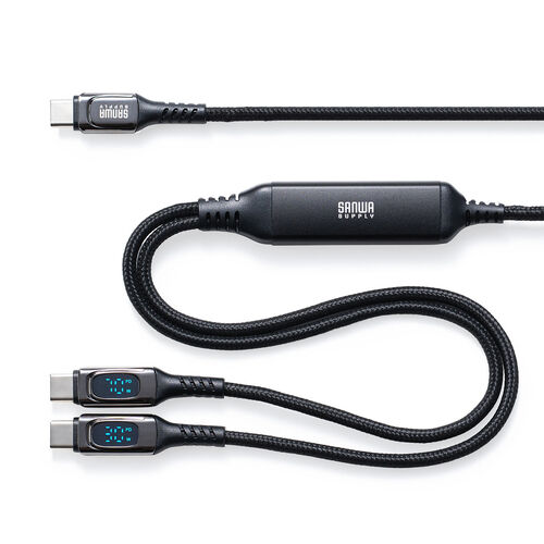 USB Type-C ケーブル（急速充電・PD100W・二股ケーブル・2-in-1・電力表示・ナイロンメッシュ・自動分配・2台同時充電・充電のみ・1.2m・ブラック）