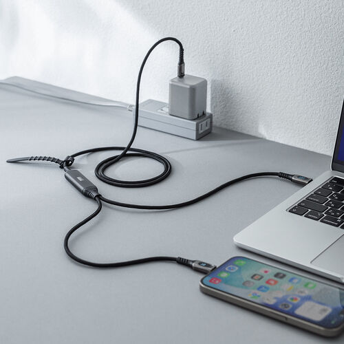 USB Type-C ケーブル（急速充電・PD100W・二股ケーブル・2-in-1・電力表示・ナイロンメッシュ・自動分配・2台同時充電・充電のみ・1.2m・ブラック）