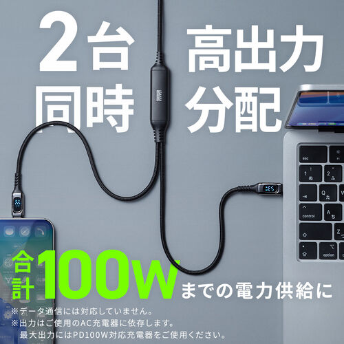 USB Type-C ケーブル（急速充電・PD100W・二股ケーブル・2-in-1・電力表示・ナイロンメッシュ・自動分配・2台同時充電・充電のみ・1.2m・ブラック）