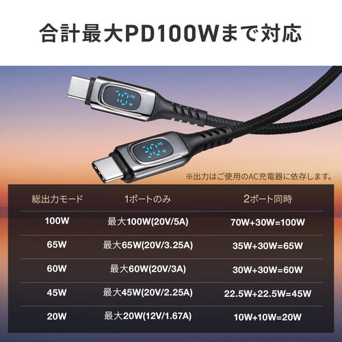 USB Type-C ケーブル（急速充電・PD100W・二股ケーブル・2-in-1・電力表示・ナイロンメッシュ・自動分配・2台同時充電・充電のみ・1.2m・ブラック）