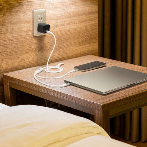 USB Type-C ケーブル（急速充電・PD100W・二股ケーブル・2-in-1・電力表示・ナイロンメッシュ・自動分配・2台同時充電・充電のみ・データブロック・1.2m・ホワイト）