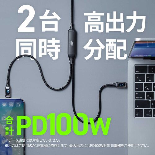 USB Type-C ケーブル（急速充電・PD100W・二股ケーブル・2-in-1・電力表示・ナイロンメッシュ・自動分配・2台同時充電・充電のみ・データブロック・1.2m・ホワイト）