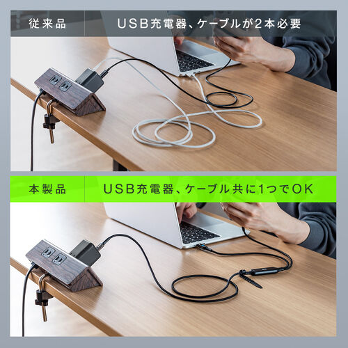 USB Type-C ケーブル（急速充電・PD100W・二股ケーブル・2-in-1・電力表示・ナイロンメッシュ・自動分配・2台同時充電・充電のみ・データブロック・1.2m・ホワイト）