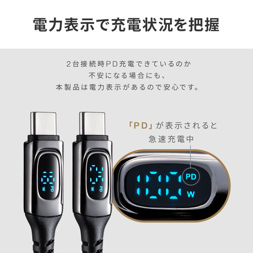 USB Type-C ケーブル（急速充電・PD100W・二股ケーブル・2-in-1・電力表示・ナイロンメッシュ・自動分配・2台同時充電・充電のみ・データブロック・1.2m・ホワイト）